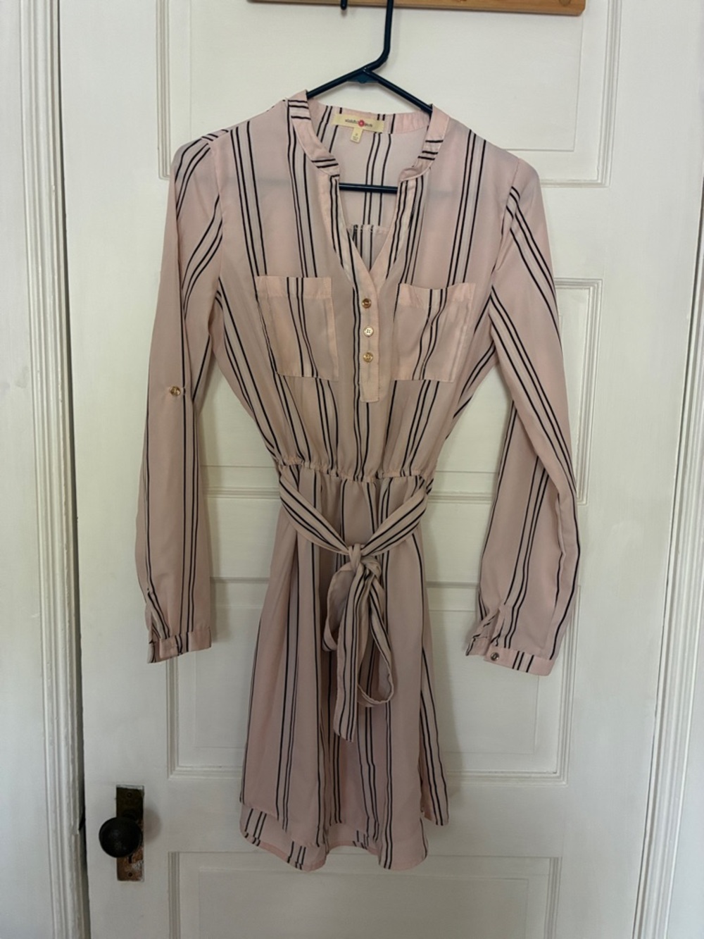 Wishful Park Blush Pink Striped Long Sleeve Shirt Dress with Tie Waist